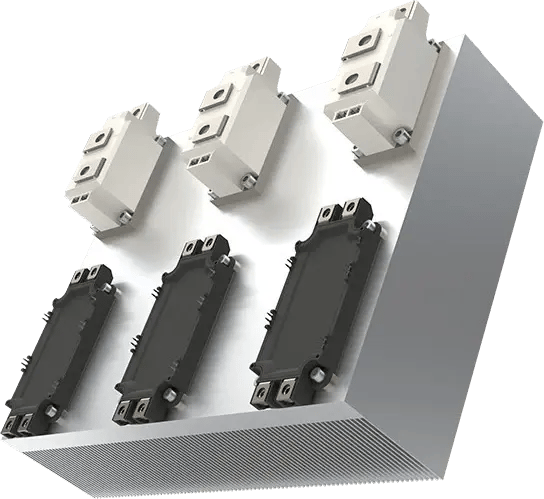 CooliBlade AURORA-X: a flat aluminium heat sink with six power modules mounted on its baseplate, three in the lower row and three in the upper row.