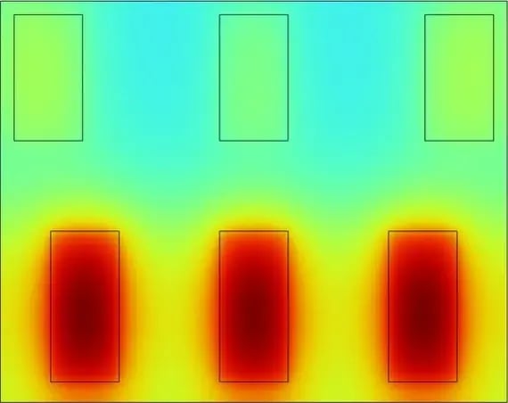 Skived aluminium reference: three dark red hot spots above the lower modules, cooler blue-green elsewhere.