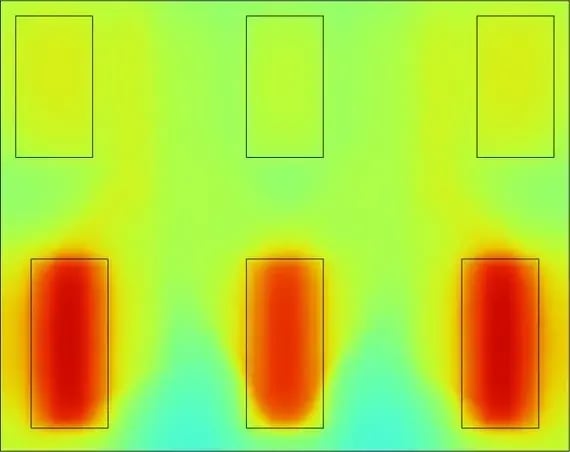 AURORA-X: smaller, cooler hot spots under the lower modules, with heat spread more evenly across the plate.