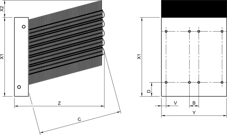 Dimension drawing of ULTIMA-X: side view with condenser length C and depth Z, and baseplate view with module mounting holes spaced by V and B.