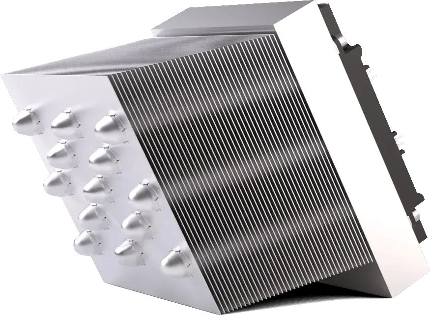 CooliBlade ULTIMA-X heat sink: a tall block of thin aluminium fins with a row of vertical pipes rising from the module baseplate on the right.